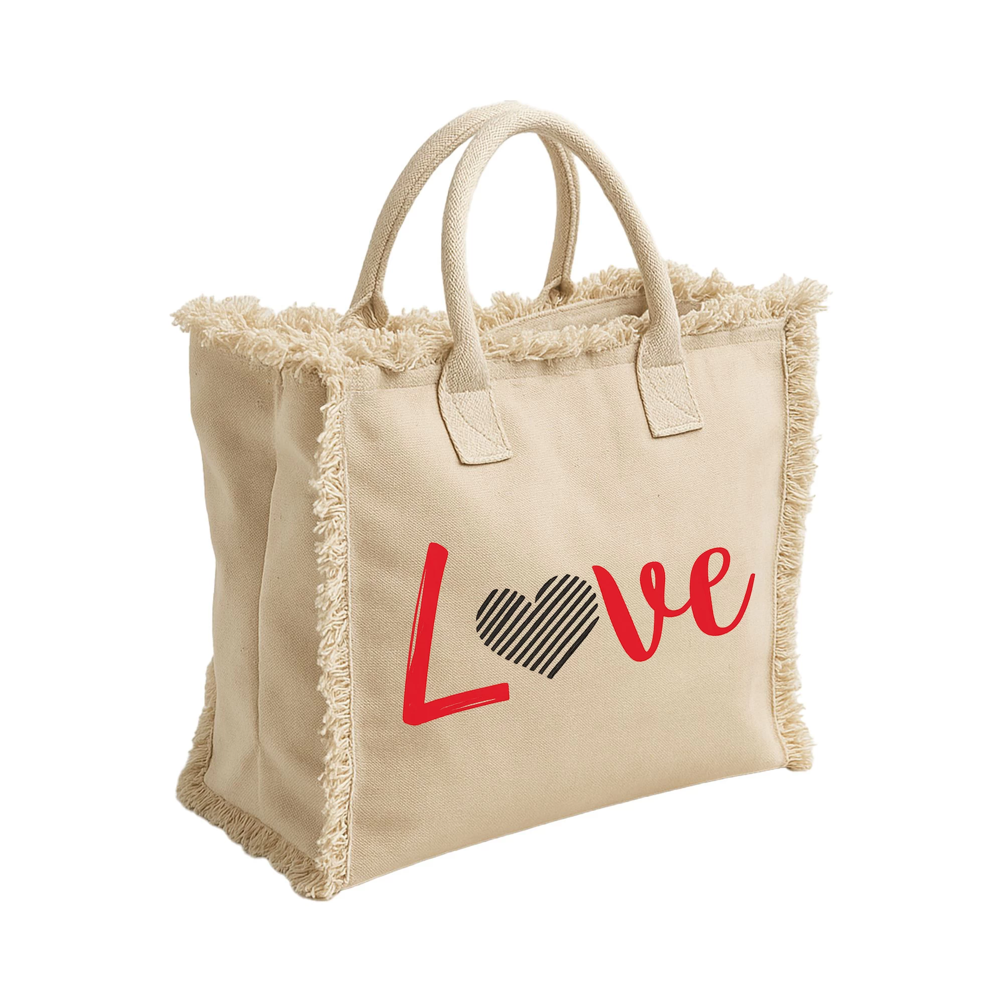 Sacoșă din bumbac 450 g/m² cu franjuri și fermoar– Love Inimă Hașurată (Valentine’s Day)