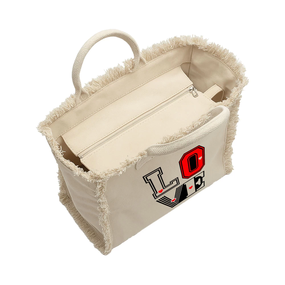 Sacoșă din bumbac 450 g/m² cu franjuri și fermoar, Natural, print LOVE (12L)