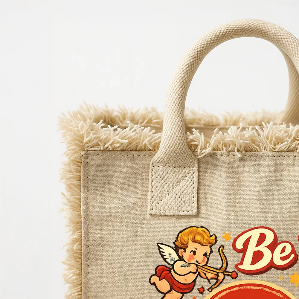 Sacoșă din bumbac 450 g/m² cu franjuri și fermoar – Be My Valentine (12L, Natur)