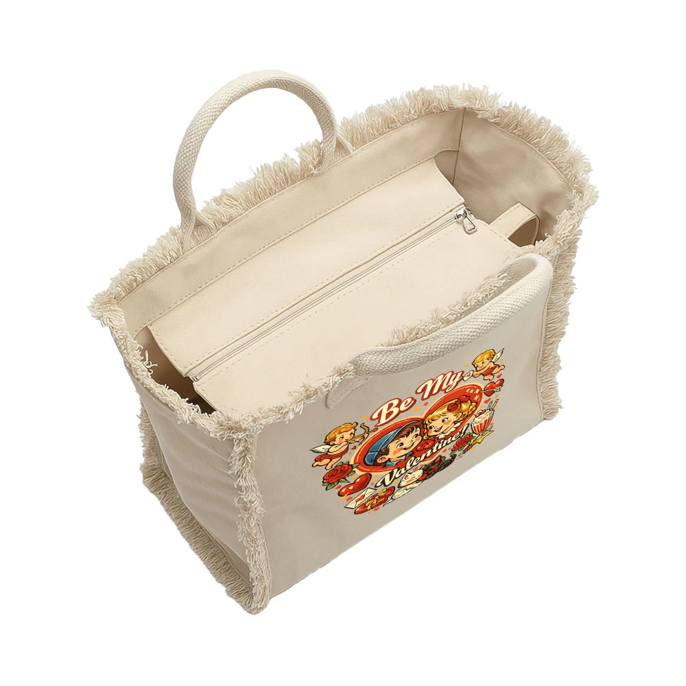 Sacoșă din bumbac 450 g/m² cu franjuri și fermoar – Be My Valentine (12L, Natur)