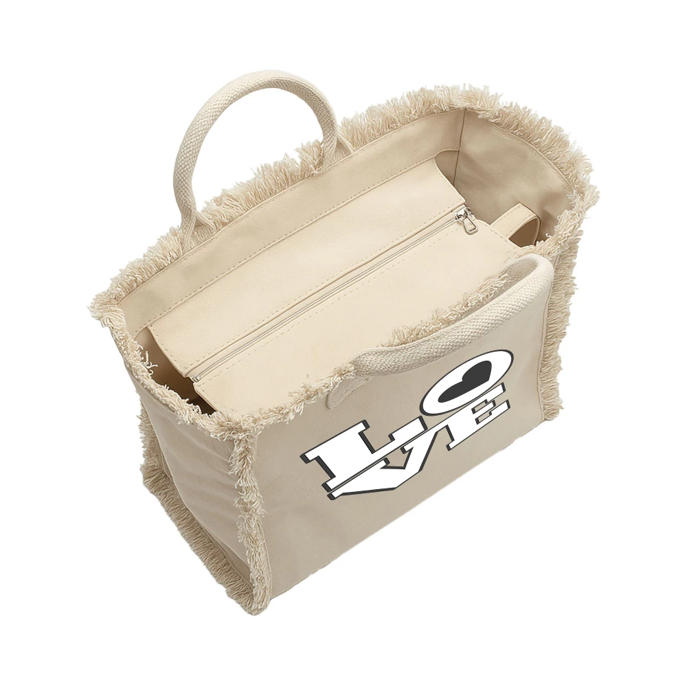 Sacoșă din bumbac 450 g/m² cu franjuri și fermoar – Love in B&W (Valentine’s Day)