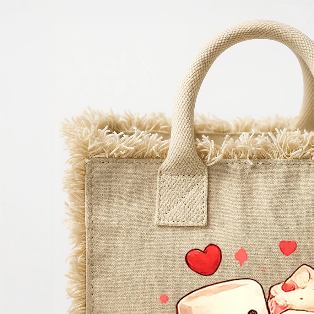 Sacoșă din bumbac 450 g/m² cu franjuri și fermoar – Marshmallow Love Cup (Valentine’s Day)
