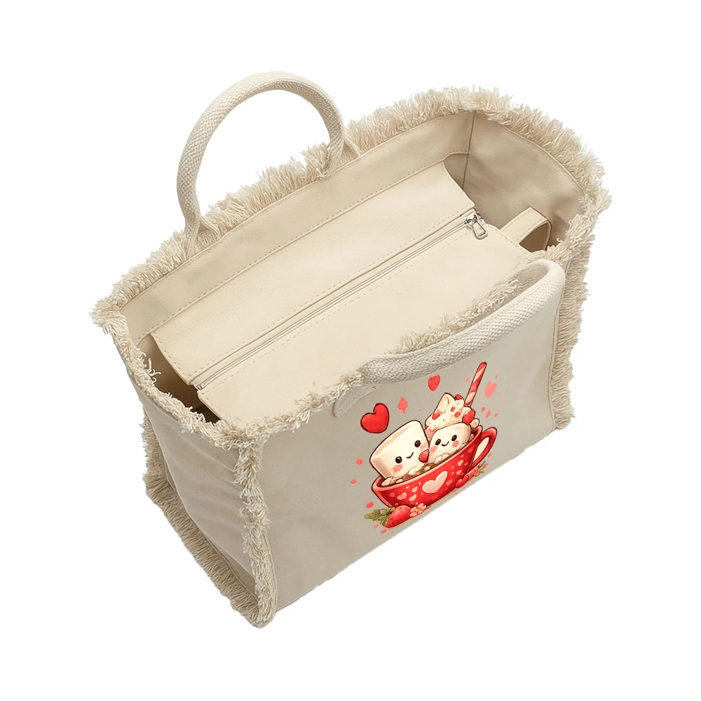 Sacoșă din bumbac 450 g/m² cu franjuri și fermoar – Marshmallow Love Cup (Valentine’s Day)