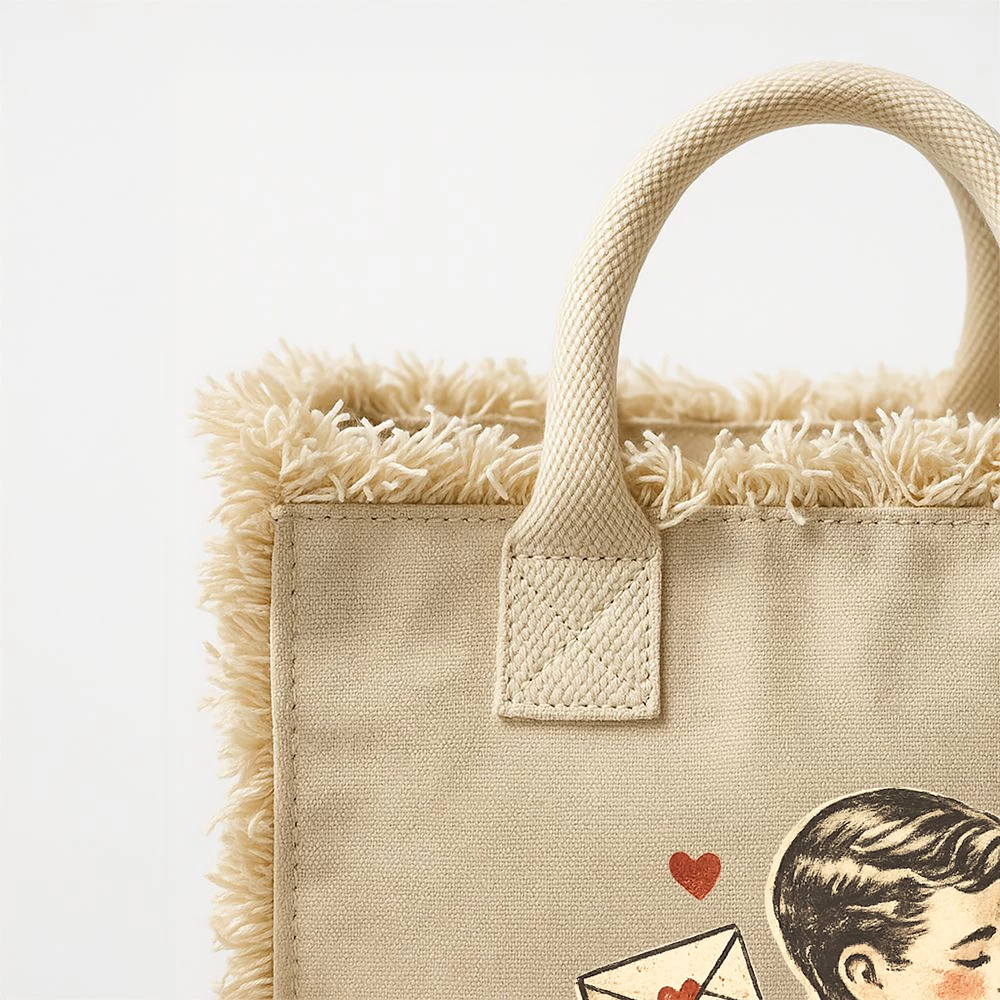 Sacoșă din bumbac 450 g/m² cu franjuri și fermoar – Valentine’s Day (Natur)