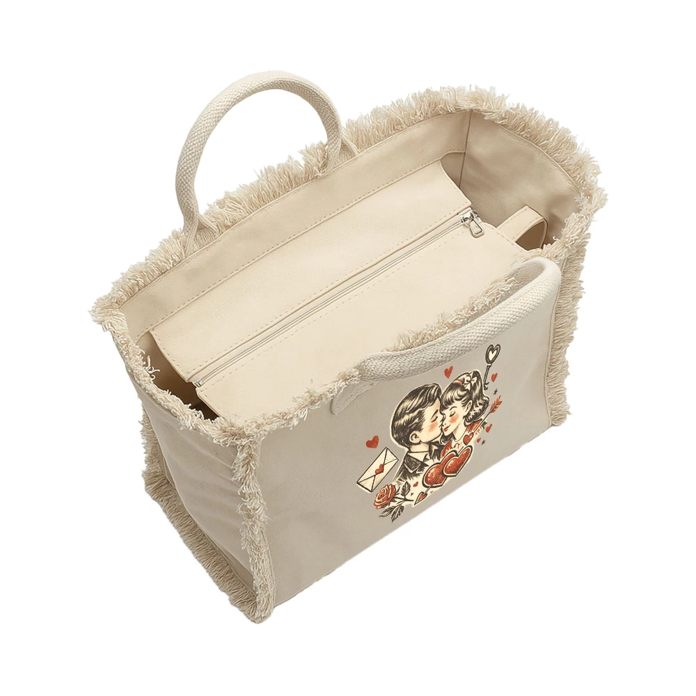 Sacoșă din bumbac 450 g/m² cu franjuri și fermoar – Valentine’s Day (Natur)