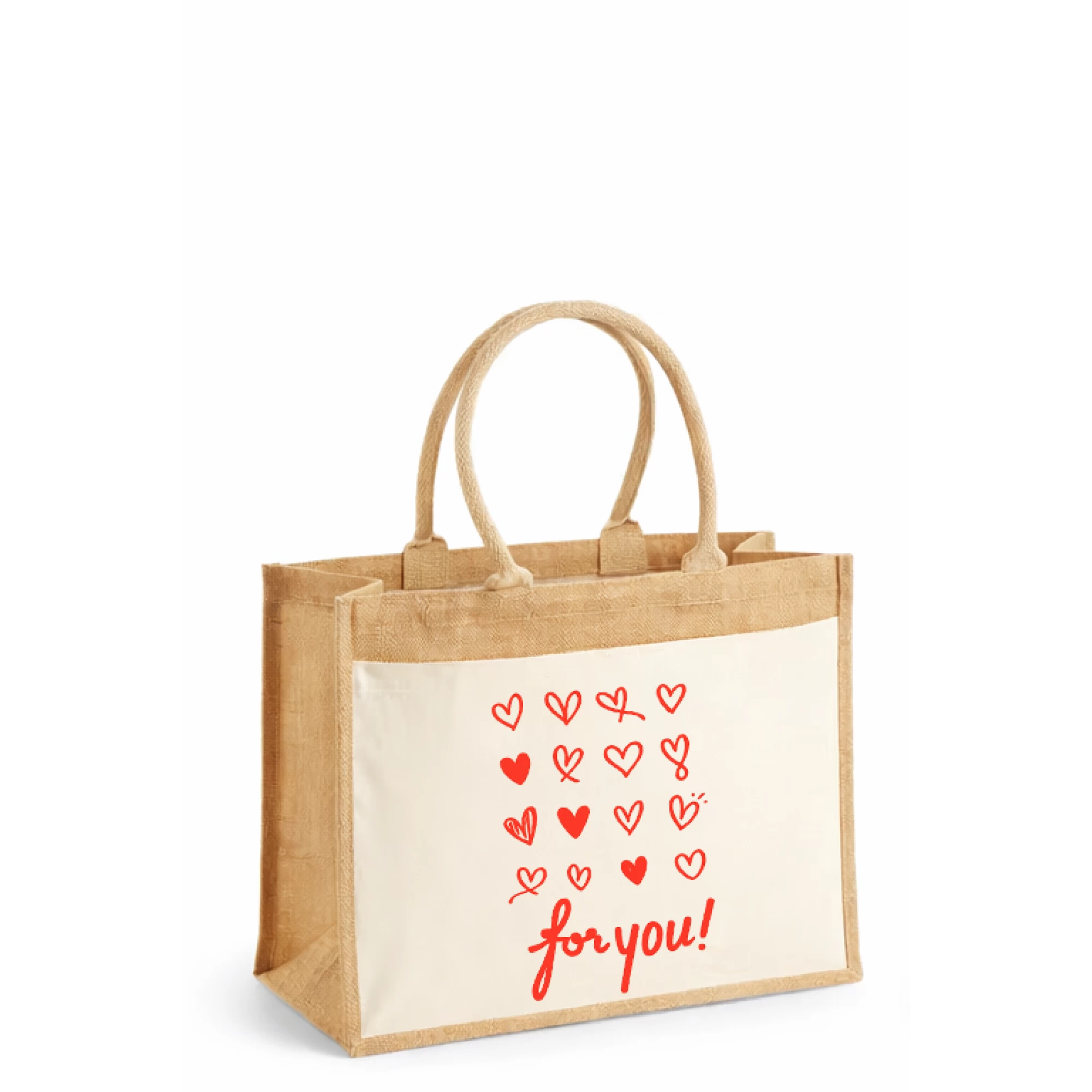 Sacoșă din iută laminată cu buzunar bumbac – Love Heart Stickers “For You!” (Valentine’s Day)