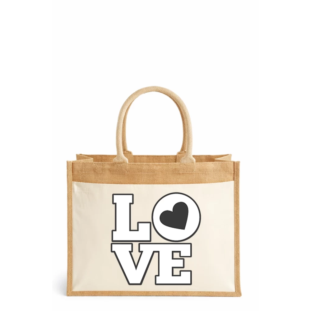 Sacoșă din iută laminată cu buzunar bumbac – Love in B&W (Valentine’s Day)