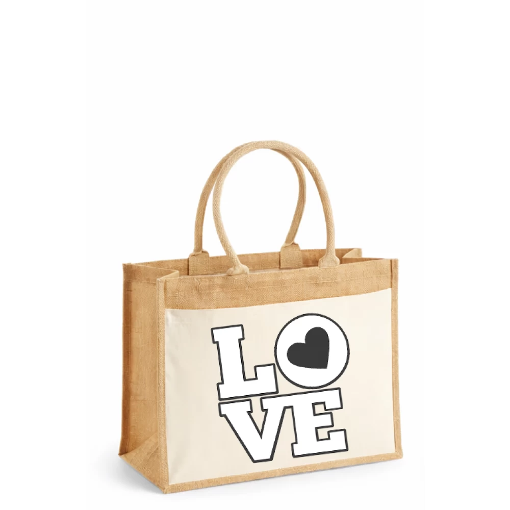 Sacoșă din iută laminată cu buzunar bumbac – Love in B&W (Valentine’s Day)