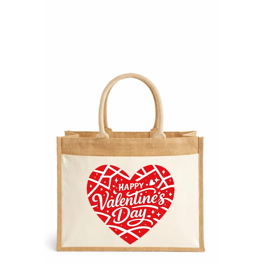 Sacoșă din iută laminată cu buzunar bumbac – Mosaic Happy VDay (Valentine’s Day)