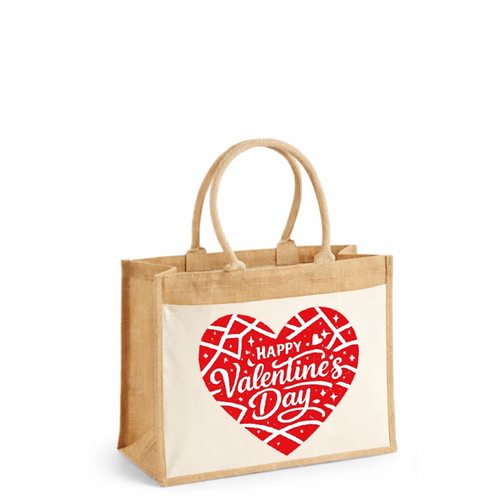 Sacoșă din iută laminată cu buzunar bumbac – Mosaic Happy VDay (Valentine’s Day)