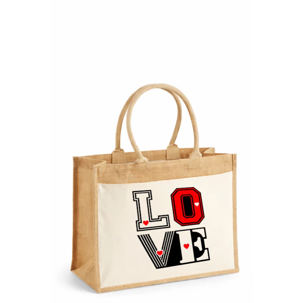 Sacoșă din iută laminată cu buzunar bumbac – LOVE (Valentine’s Day)