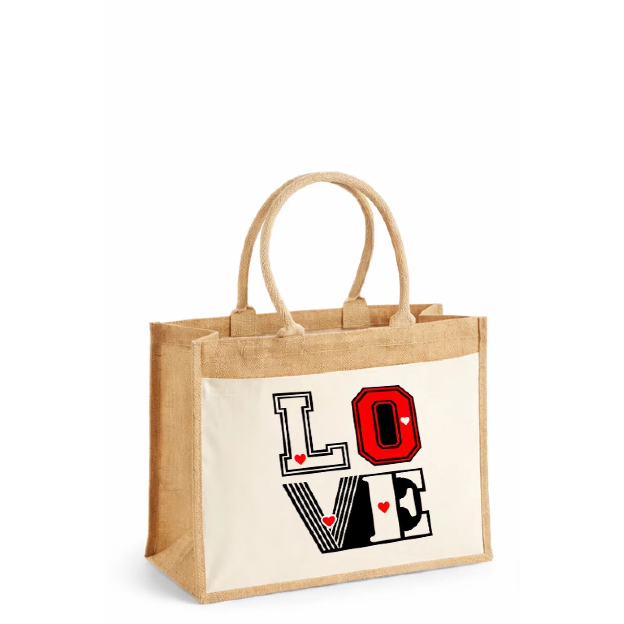 Sacoșă din iută laminată cu buzunar bumbac – LOVE (Valentine’s Day)