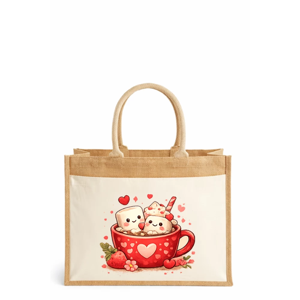 Sacoșă din iută laminată cu buzunar bumbac – Marshmallow Love Cup (Valentine’s Day)
