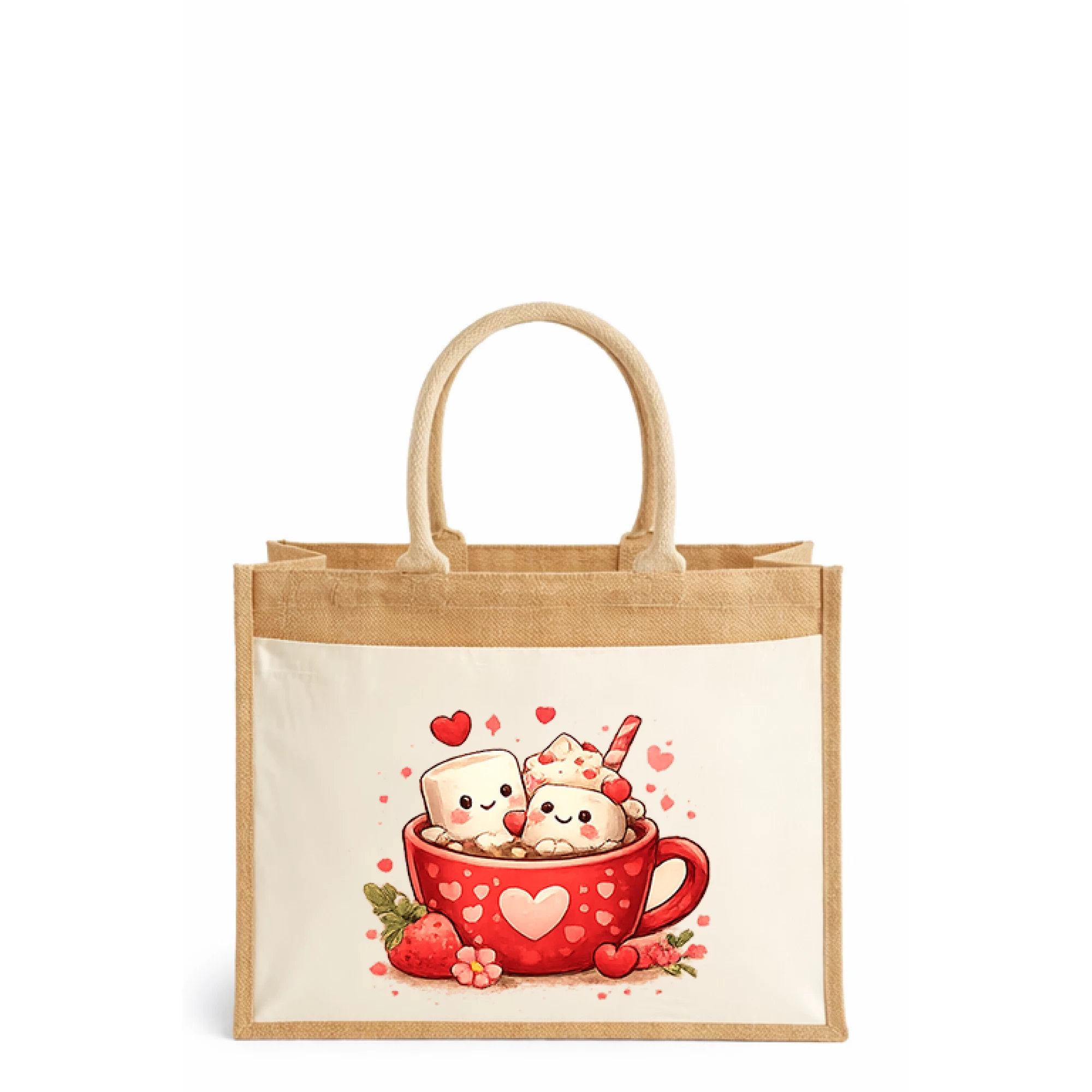 Sacoșă din iută laminată cu buzunar bumbac – Marshmallow Love Cup (Valentine’s Day)