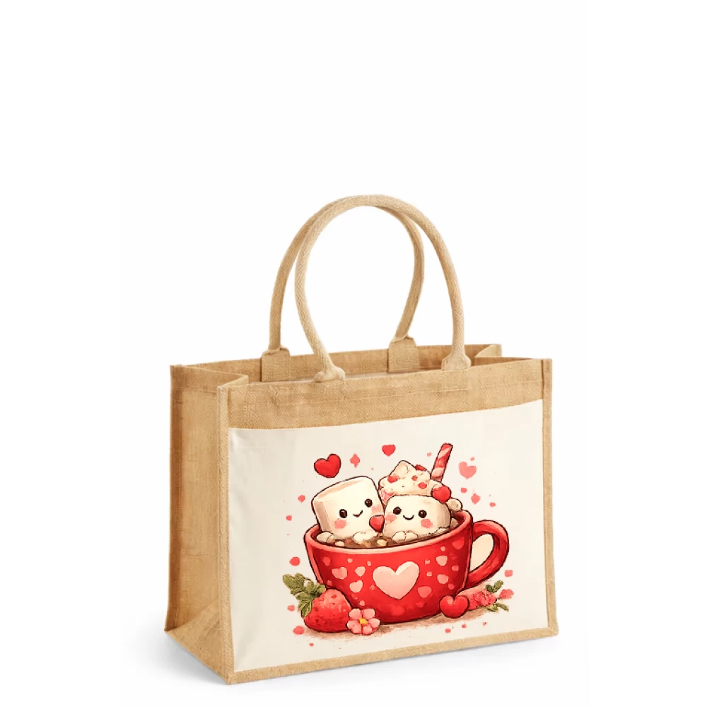 Sacoșă din iută laminată cu buzunar bumbac – Marshmallow Love Cup (Valentine’s Day)