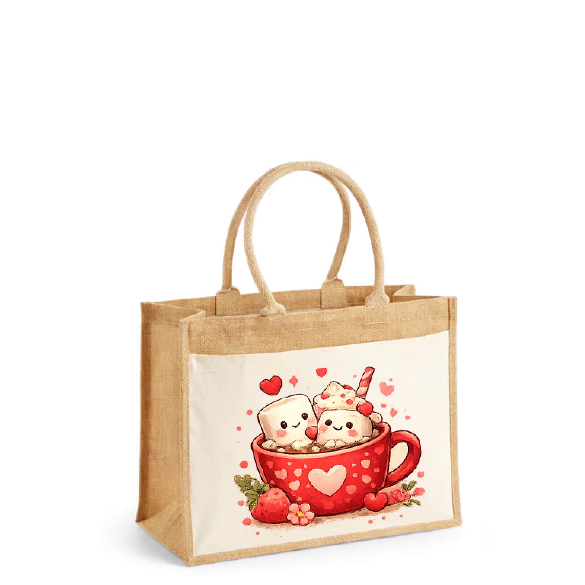 Sacoșă din iută laminată cu buzunar bumbac – Marshmallow Love Cup (Valentine’s Day)