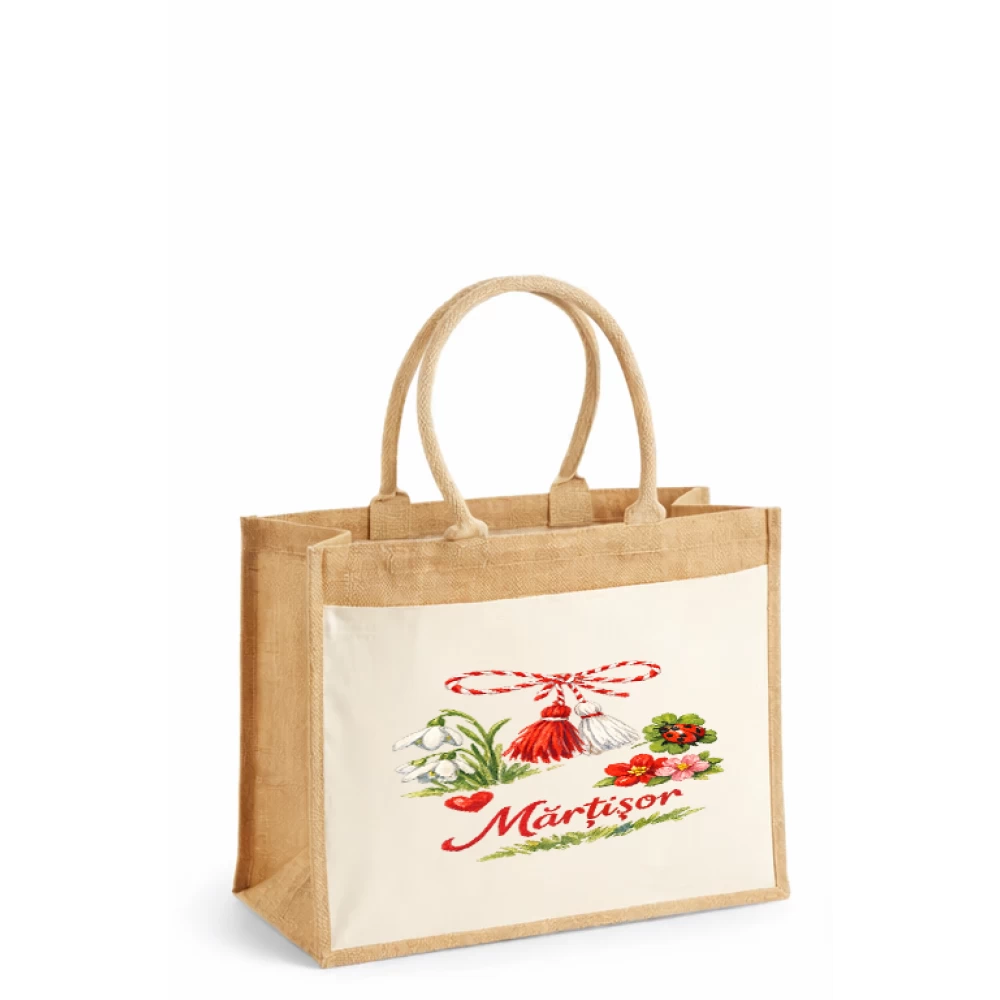 Sacoșă din iută cu buzunar din bumbac – Mărțișor (42×33×19 cm, 12L)