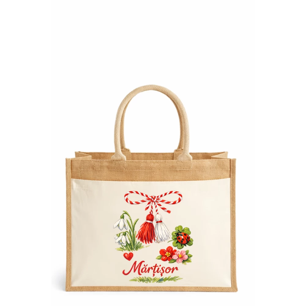 Sacoșă din iută cu buzunar din bumbac – Mărțișor (42×33×19 cm, 12L)