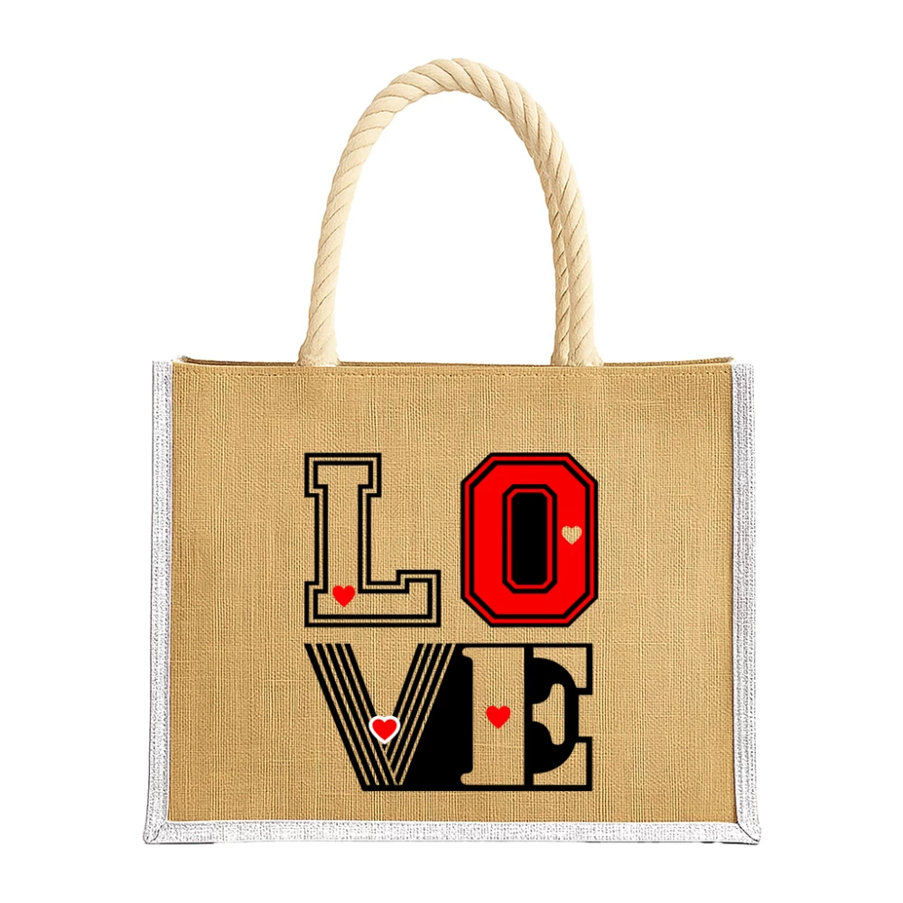 Sacoșă din iută cu inserții colorate și model „LOVE”