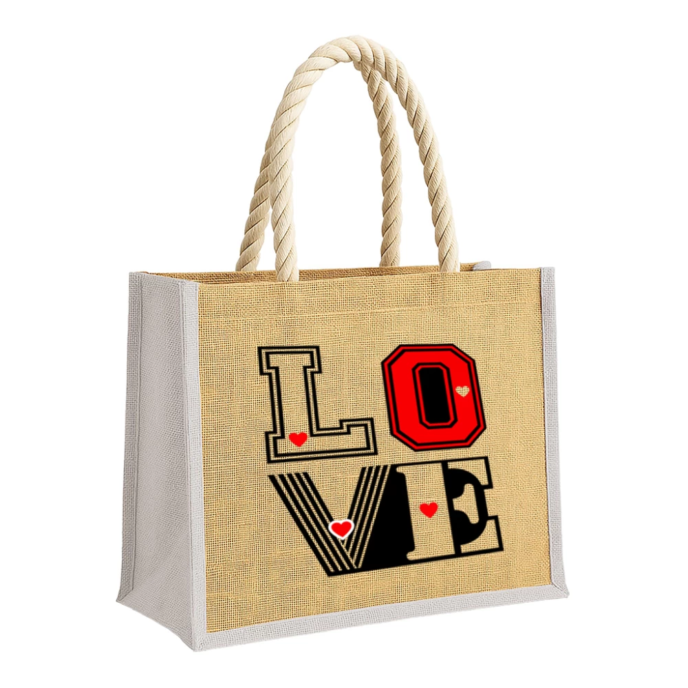 Sacoșă din iută cu inserții colorate și model „LOVE”