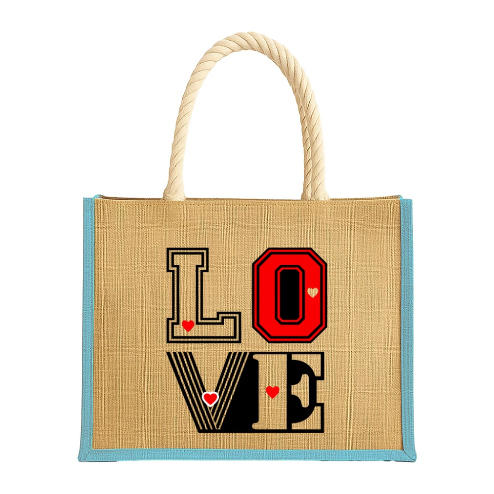 Sacoșă din iută cu inserții colorate și model „LOVE”