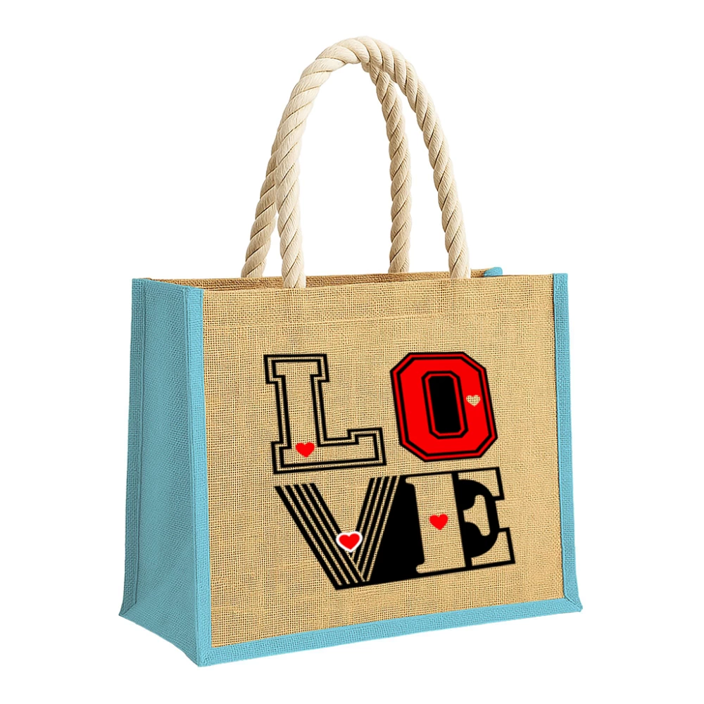 Sacoșă din iută cu inserții colorate și model „LOVE”