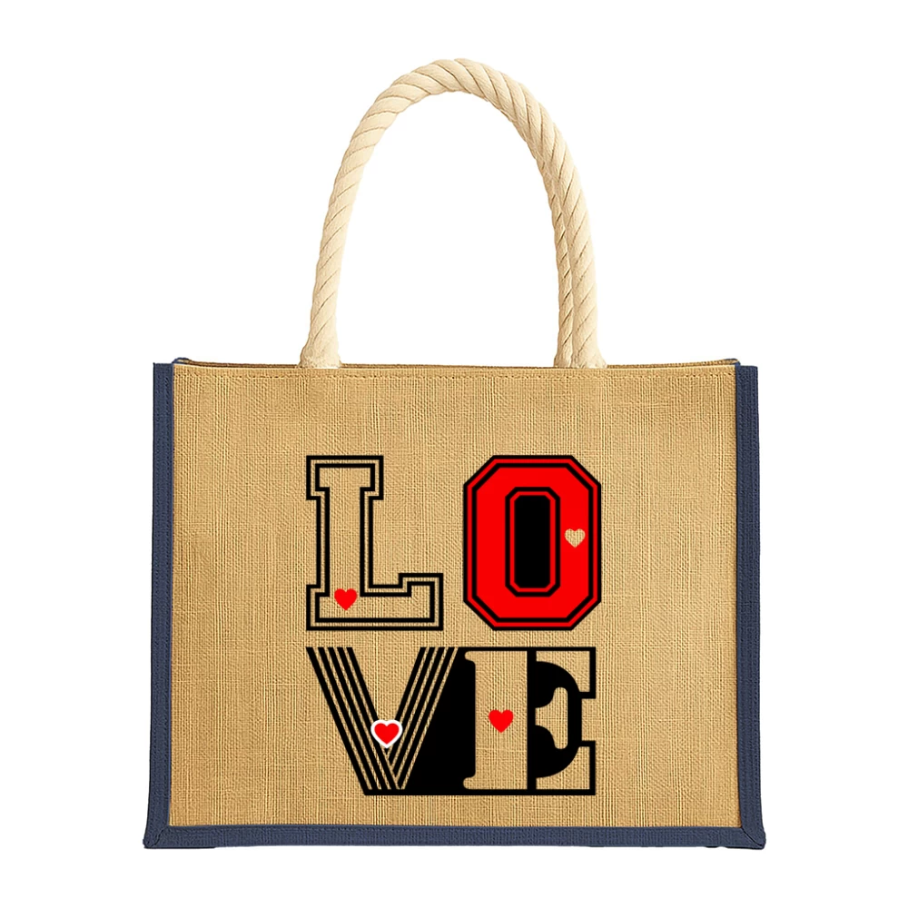 Sacoșă din iută cu inserții colorate și model „LOVE”