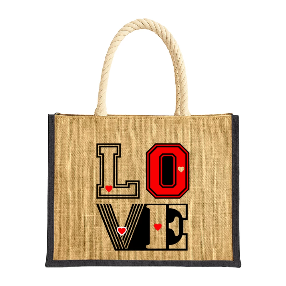 Sacoșă din iută cu inserții colorate și model „LOVE”