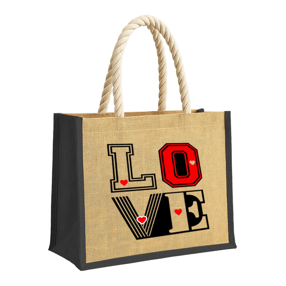 Sacoșă din iută cu inserții colorate și model „LOVE”