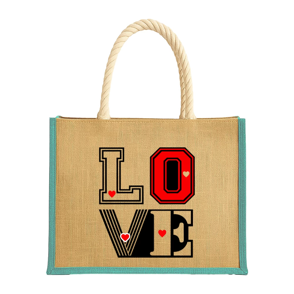 Sacoșă din iută cu inserții colorate și model „LOVE”