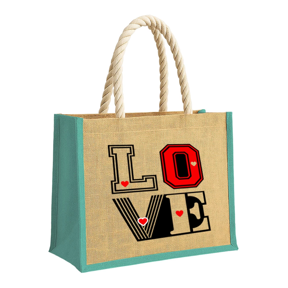 Sacoșă din iută cu inserții colorate și model „LOVE”